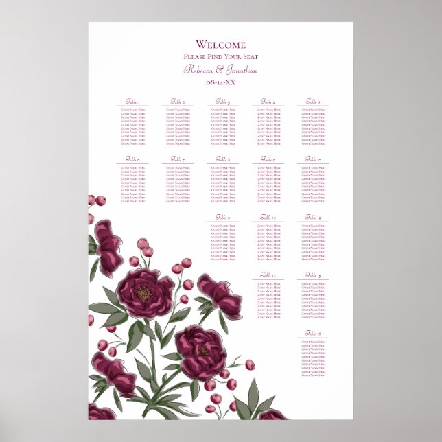Maroon Rose Wedding Seating Chart Poster (Framsidan)
