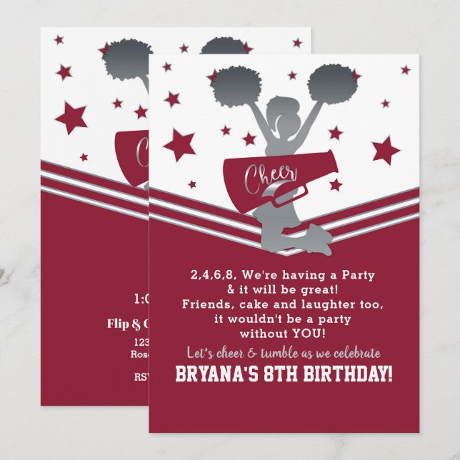 Maroon & Silver Stars Cheer Cheerleading-fest Inbjudningar (Fram/baksida)