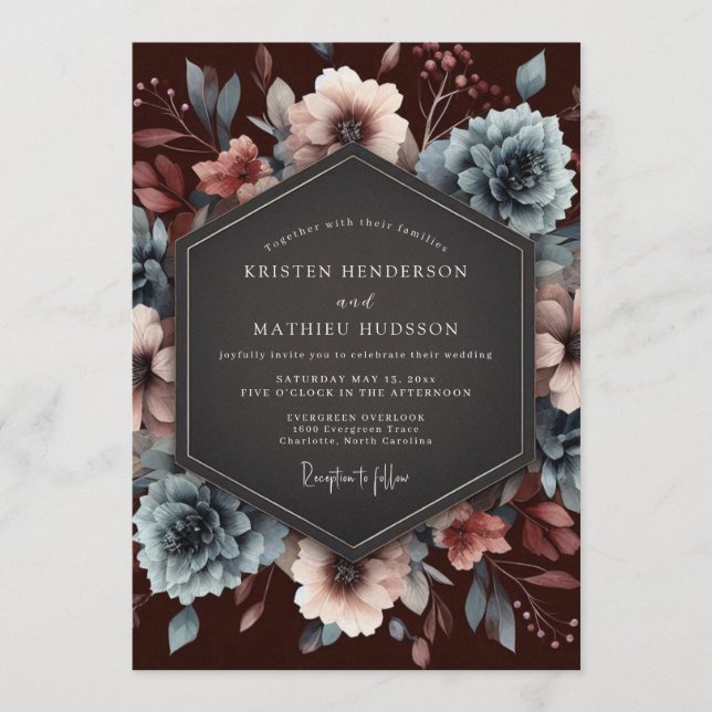 Maroon Slate Baroque Bloom Wedding Inbjudningar (Framsida)