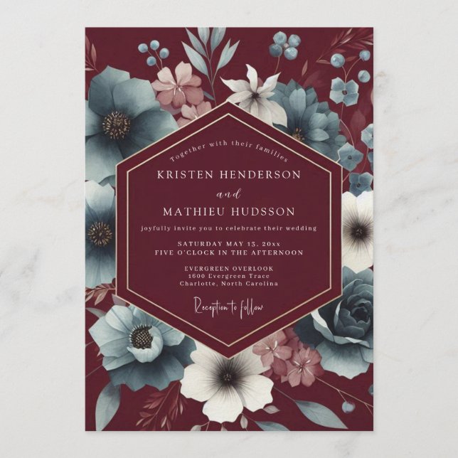 Maroon Slate Somber Bloom Wedding Inbjudningar (Framsida)