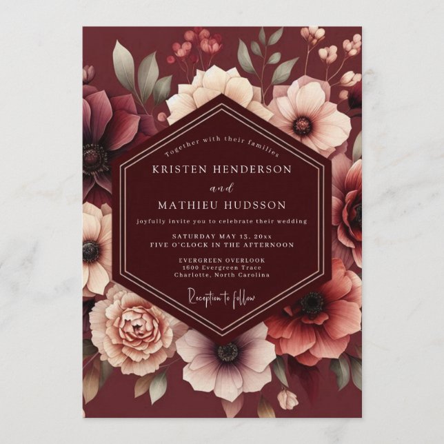 Maroon Somber Bloom Wedding Inbjudningar (Framsida)