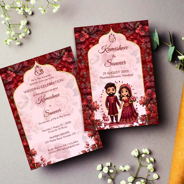 Maroon söt Indian bröllop möhippa par tecknad Inbjudningar (Indian wedding Maroon floral cute Indian bridal couple cartoon Invitation template instant download)