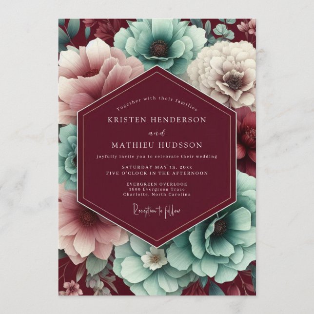 Maroon & Teal Autumnal Bloom Wedding Inbjudningar (Framsida)