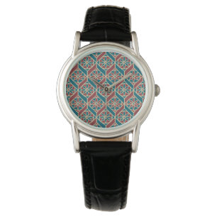 Maroon, Teal Ethnic Mönster, Flowers, Chevrons Armbandsur