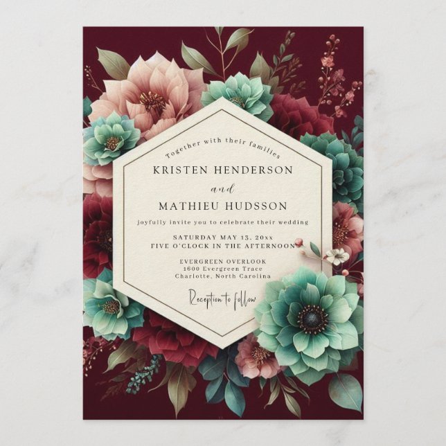 Maroon Teal Opulent Flora Wedding Inbjudningar (Framsida)