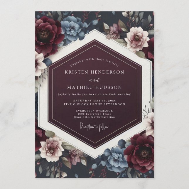Maroon Twilight Floral Wedding Inbjudningar (Framsida)