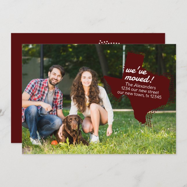 Maroon Vi har flyttat - Doged Texas Flytta Meddelande (Fram/baksida)