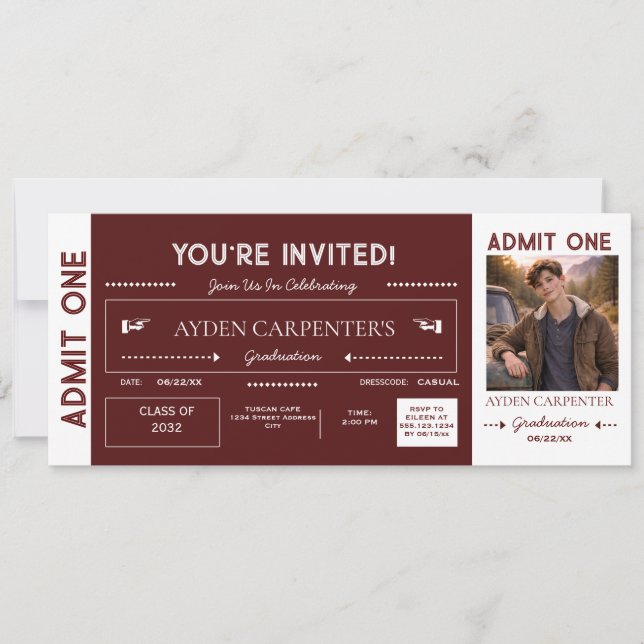 Maroon & White Examen Falsk Biljett | Inbjudningar (Framsida)