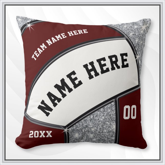 Maroon, White, Silver Volleyball Team Gift Ideas Kudde (Personalized Volleyball Gifts. Volleyball senior night gift ideas. Volleyball team gifts for girls. )