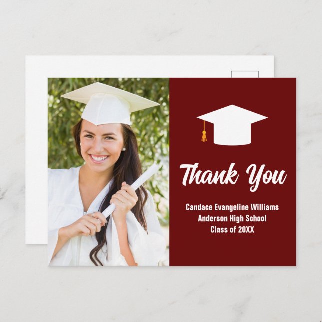 Maroon White Studenten Photo Anpassningsbar Tack Vykort (Fram/baksida)