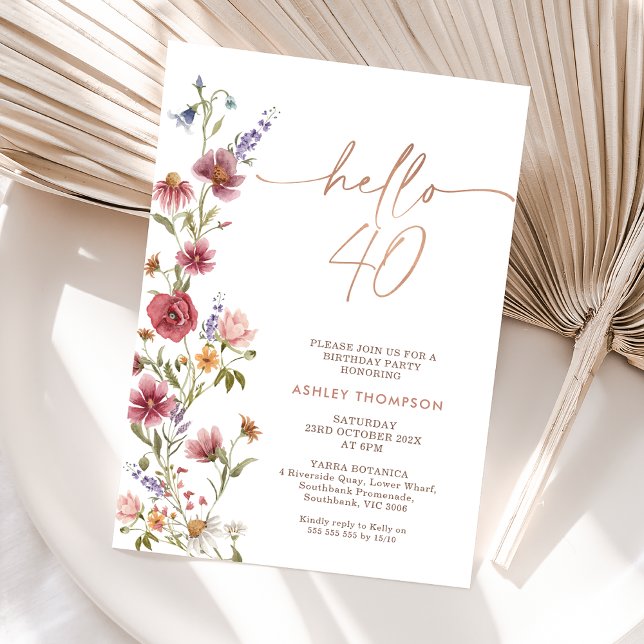 Maroon Wildbloms Hej 40 40 40 födelsedagar Inbjudningar (Wildflower 40th Birthday Invitation Women, Hello Forty Editable Invitation Template, Boho 40th )