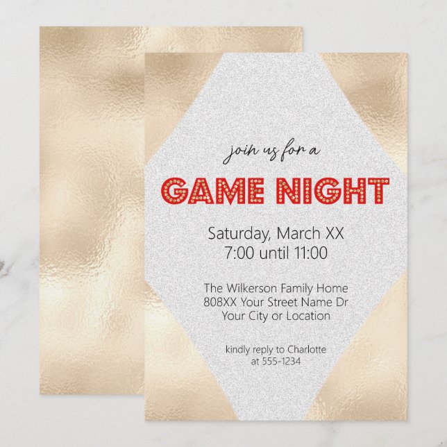 Marquee Sign på Guld Game Night Party Inbjudningar (Fram/baksida)