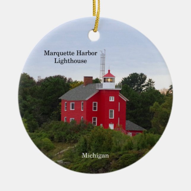 Marquette Harbor Lighthouse cirkelprydnad Julgransprydnad Keramik (Framsidan)