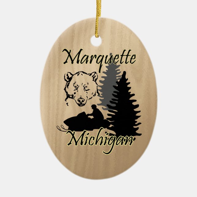Marquette Michigan Snowmobile Bear Ceramic Julgransprydnad Keramik (Framsidan)