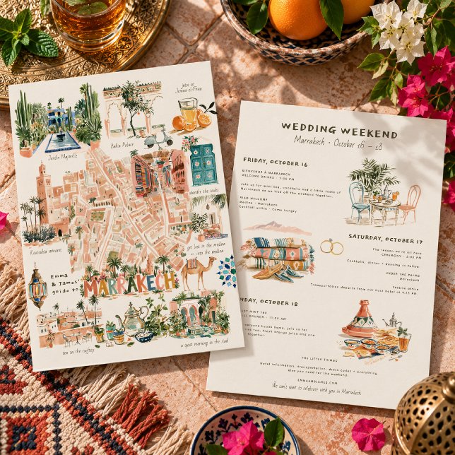 Marrakech Bröllopshelg Illustrerad Resplan Inbjudningar (Skapare uppladdad)