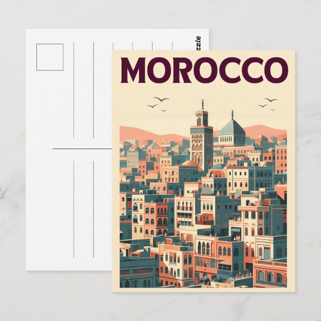 Marrakech gamla stadens silhuett med moské gåvor vykort (Fram/baksida)