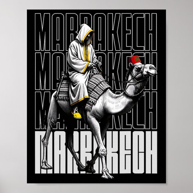 Marrakech Kamel Solnedgång Marocko Flagga Marrakes Poster (Framsidan)