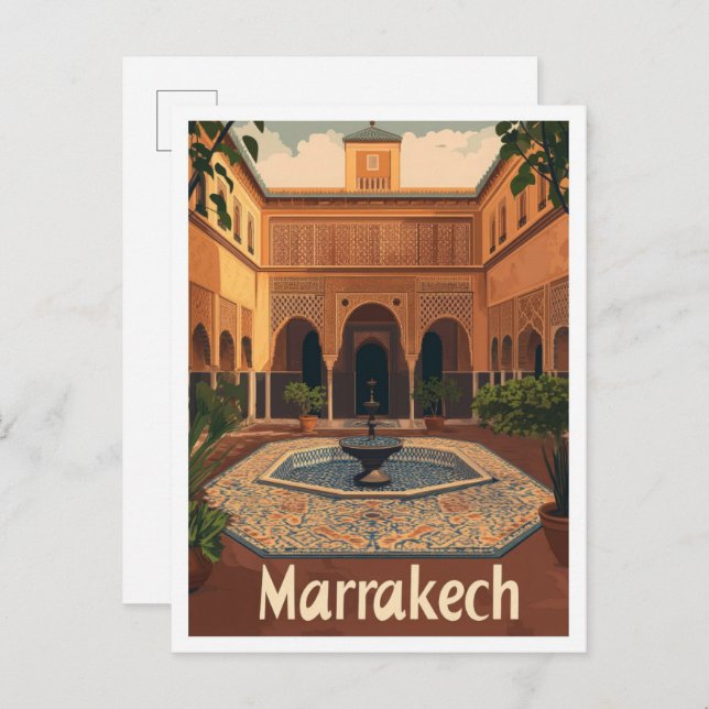 Marrakech Marocco Vintage resor illustration Vykort (Fram/baksida)