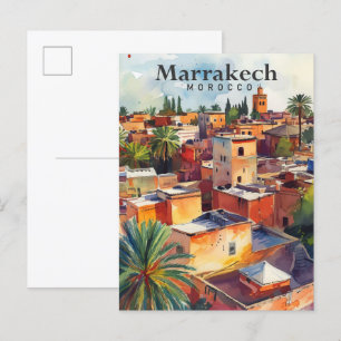Marrakech Marocko Akvarell Målning Resa Vykort