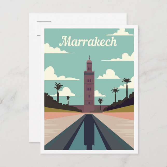 Marrakech Marocko Art Travel Illustration Vykort (Fram/baksida)