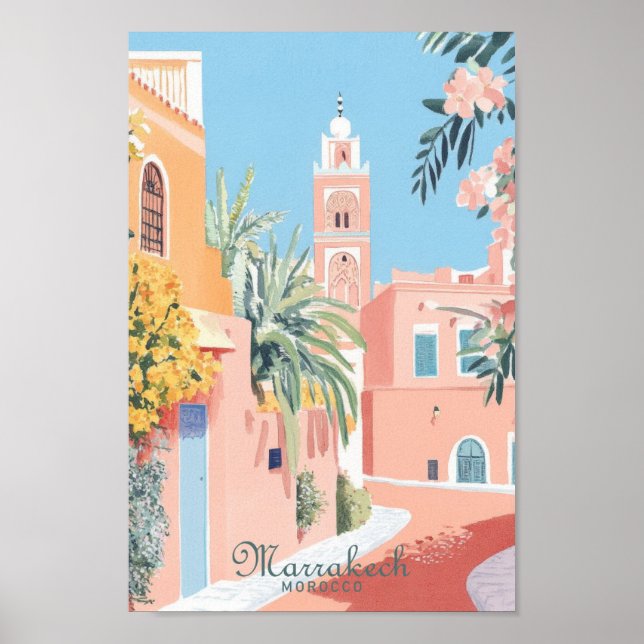 Marrakech Marocko Gouache Illustration Travel Poster (Framsidan)