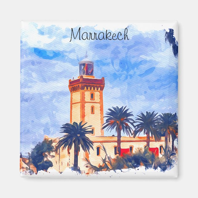 Marrakech Marocko Mosque Travel Magnet (Framsidan)