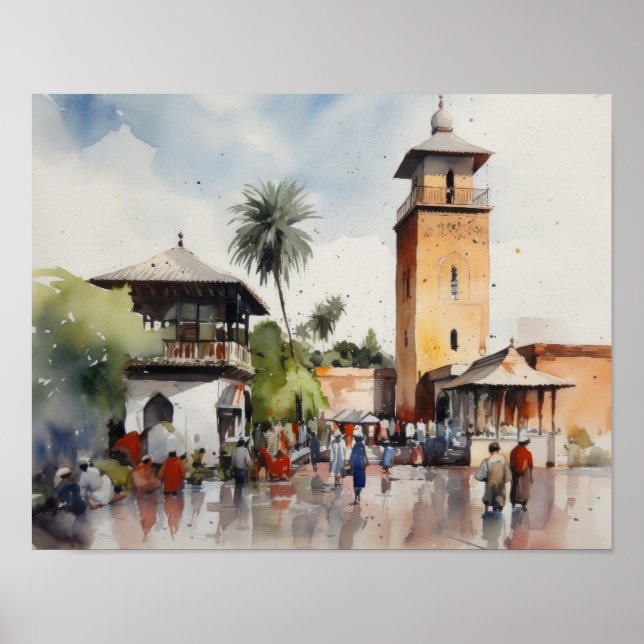 Marrakech Marocko Watercolor Art Print Poster (Framsidan)