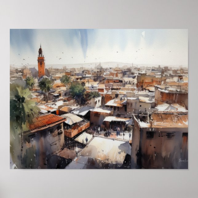 Marrakech Marocko Watercolor Art Print Poster (Framsidan)