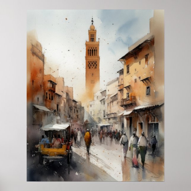 Marrakech Marocko Watercolor Art Print Poster (Framsidan)