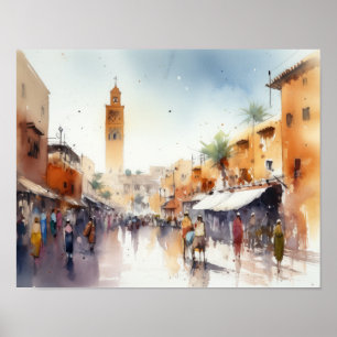 Marrakech Marocko Watercolor Art Print Poster