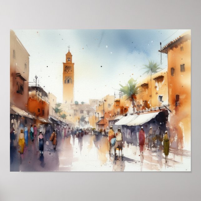 Marrakech Marocko Watercolor Art Print Poster (Framsidan)