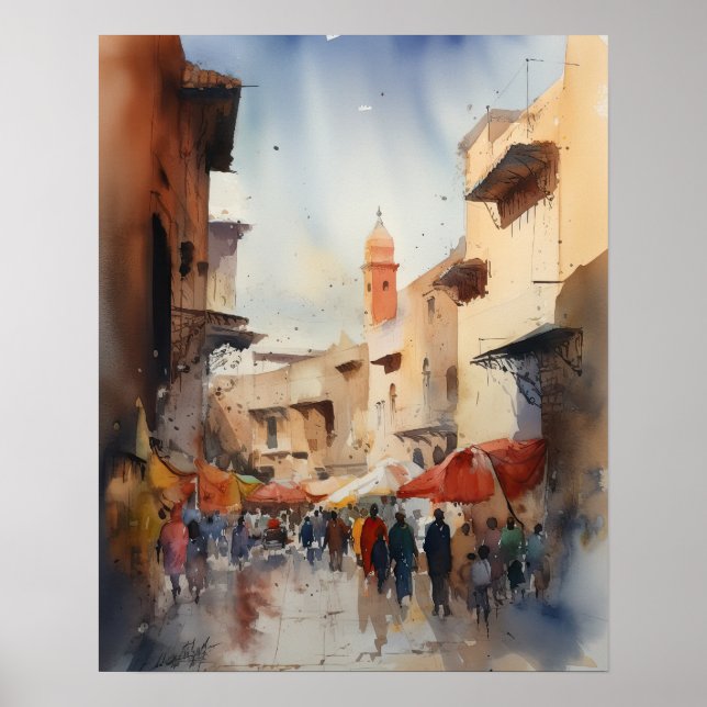 Marrakech Marocko Watercolor Art Print Poster (Framsidan)