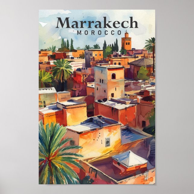 Marrakech Marocko Watercolor Painting Travel Poster (Framsidan)