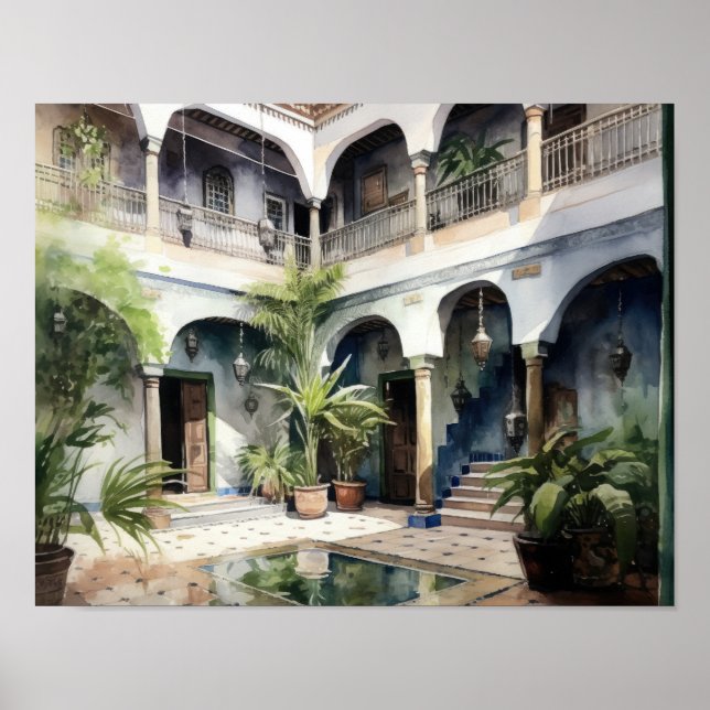 Marrakech Riad Marocko Painting Art Print Poster (Framsidan)
