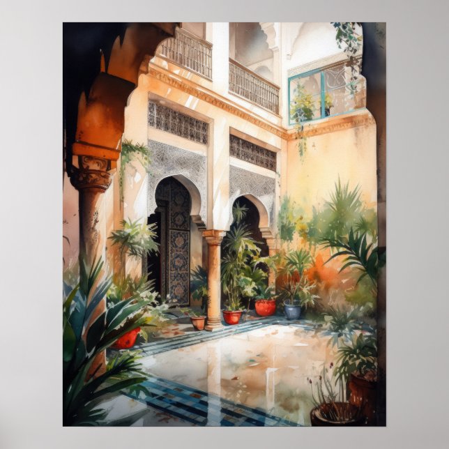 Marrakech Riad Marocko Watercolor Art Print Poster (Framsidan)