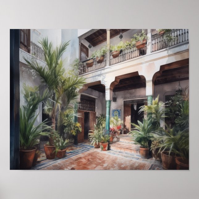 Marrakech Riad Watercolor Art Print Poster (Framsidan)