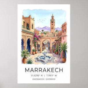 Marrakech Väggkonsttryck Akvarell Stadsscen Poster