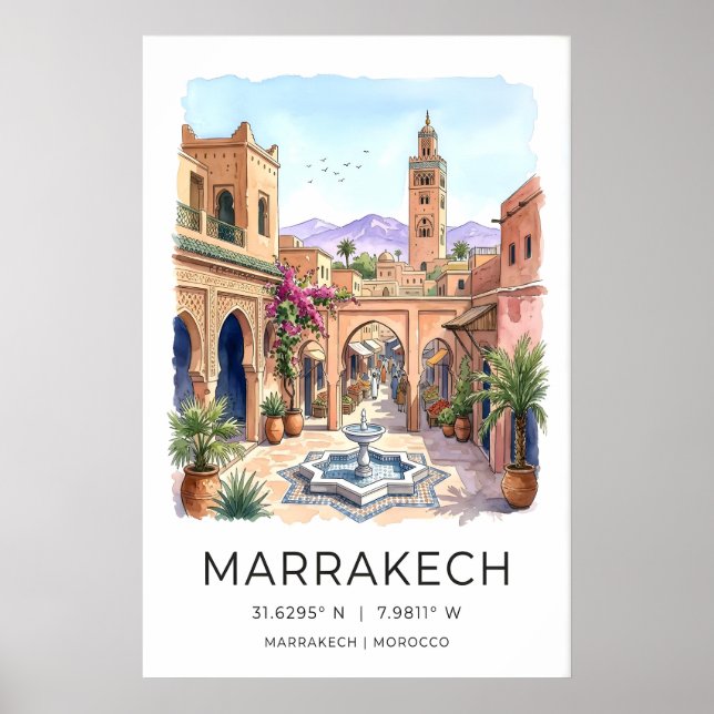 Marrakech Väggkonsttryck Akvarell Stadsscen Poster (Framsidan)