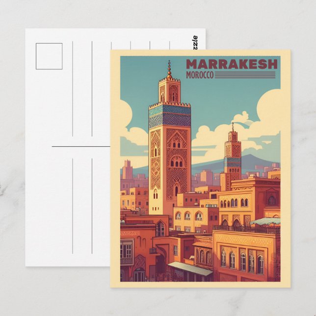 Marrakechs gamla stad byggnad med moské vykort (Fram/baksida)
