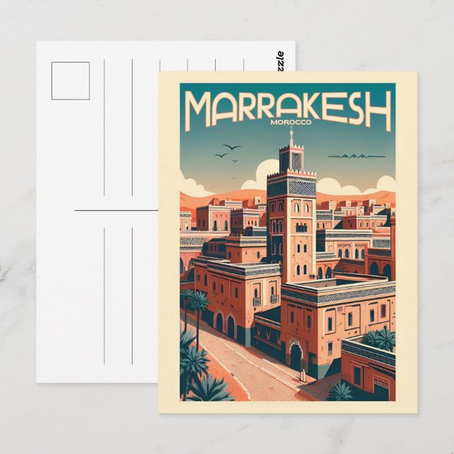 Marrakechs gamla stad skylinje med moské gåvor vykort (Fram/baksida)