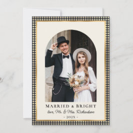 Married and Bright Arch Photo Black Gold Plaid  Julkort