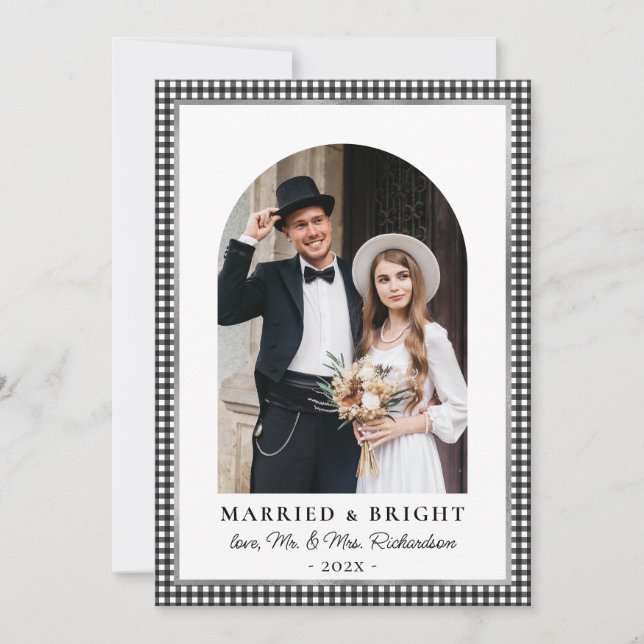 Married and Bright Arch Photo Black White Plaid  Julkort (Framsida)