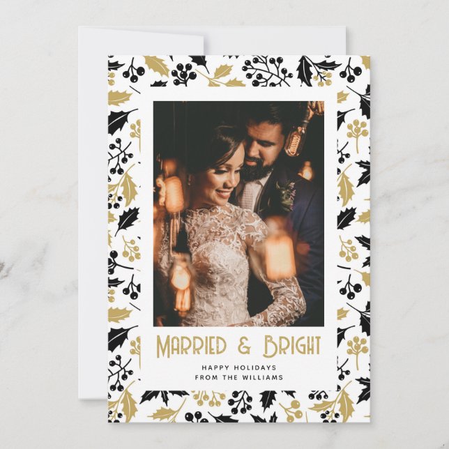 Married and Bright Black Gold Photo Christmas Card Julkort (Framsida)
