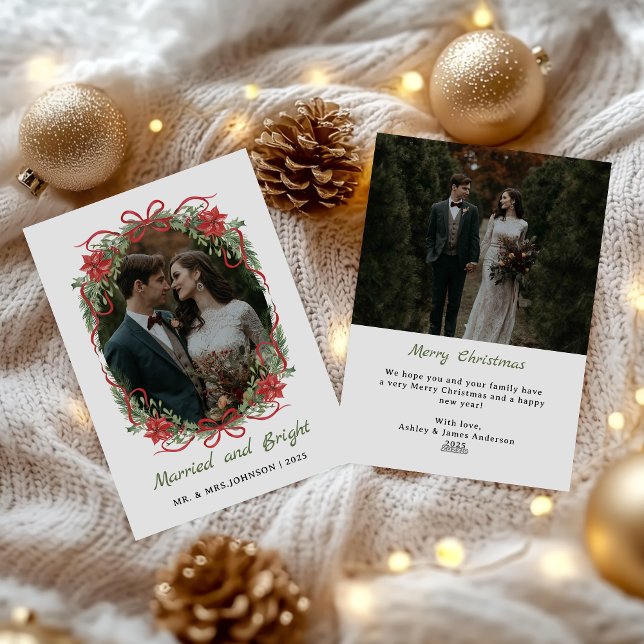 Married and Bright Red Bow Photo Christmas Julkort (Skapare uppladdad)