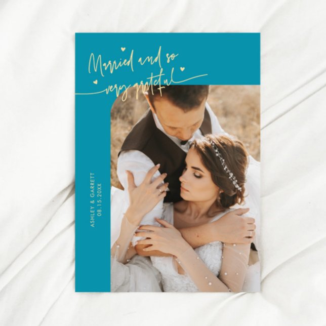 Married and Grateful Wedding Photo Aqua Blue Tack Kort (Skapare uppladdad)