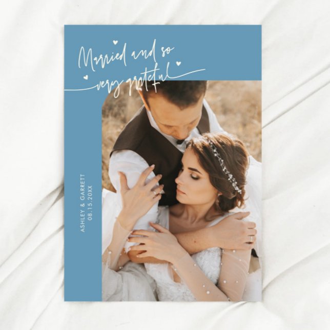 Married and Grateful Wedding Photo Denim Blue Tack Kort (Skapare uppladdad)