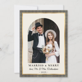 Married and Merry Arch Photo Black Gold Plaid  Julkort