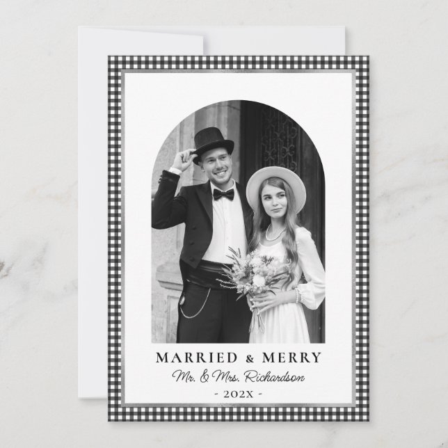 Married and Merry Arch Photo Black White Plaid Julkort (Framsida)