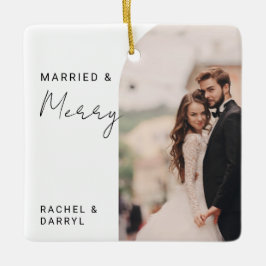 Married and Merry Photo Minimal Script Elegant Julgransprydnad Keramik