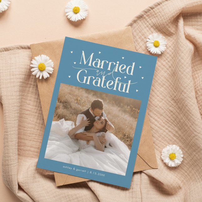 Married & Grateful Wedding Photo Denim Blue Tack Kort (Skapare uppladdad)